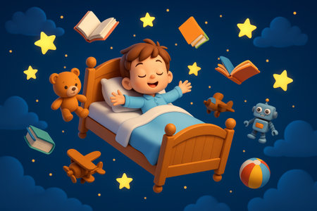 Illustration of a levitating child s bed with toys and books surrounded by stars and clouds at night. concept of imagination, dreamworld, children s fantasy.の写真素材