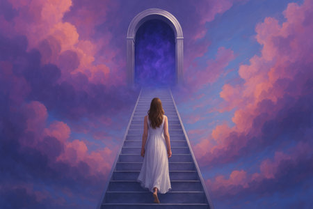 Young woman in white dress walking up silver staircase surrounded by dreamlike clouds. concept of fantasy, imagination, dreamlike journey.の写真素材