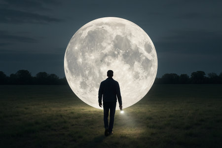 Man walking toward full moon in a field at night holding flashlight. concept of night adventure, celestial beauty, exploration.の写真素材