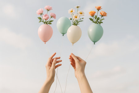 Hands holding colorful balloons adorned with blooming flowers against a clear sky. concept of celebration, floral art, creative decoration, joyful event.の写真素材