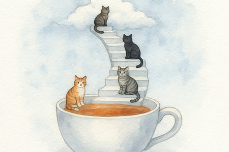 Watercolor cats on cloud staircase above a teacup in surreal dreamlike scene. concept of imagination, whimsy, cute animal illustration.の写真素材