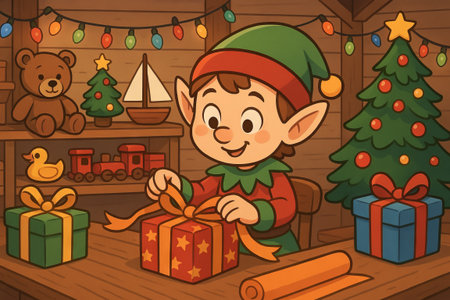 Cheerful elf wrapping christmas gifts in cozy workshop with festive decor and toys for holiday celebration. concept of christmas spirit, gift giving, holiday cheer.の写真素材