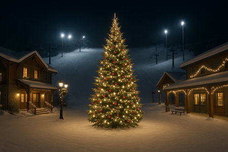 Christmas ski resort at night with illuminated tree and snowy landscape illustration. concept of festive holiday celebration, winter wonderland, cozy mountain retreat.の写真素材