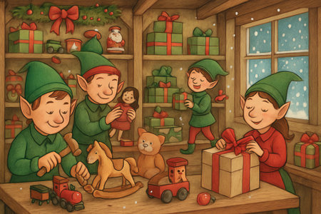 Elves joyfully crafting toys in santa's workshop surrounded by christmas gifts and holiday decor. concept of holiday spirit, festive workshop, christmas preparation.の写真素材