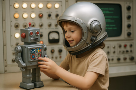 Young boy playing with retro toy robot wearing vintage space helmet. concept of childhood imagination, retro futurism, space exploration.の写真素材