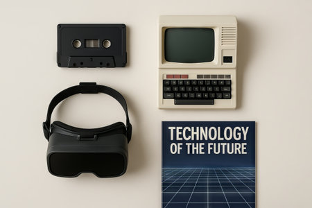 Retro futuristic gadgets with vr headset, cassette tape, vintage computer, and futuristic magazine....