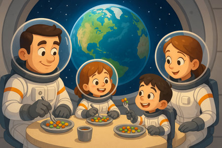 Family dining in space with view of earth through window in cozy spacecraft. concept of family togetherness, space adventure, astronauts sharing meal.の写真素材