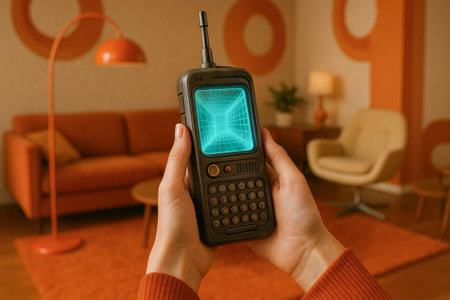 Retro 70s communicator held by person in orange room with modern decor. concept of nostalgia, vintage technology, retro style in home interior.の写真素材