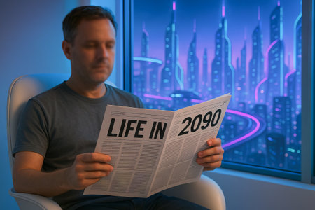 Man reading newspaper about future life in 2090 in sci-fi cityscape setting. concept of futuristic...