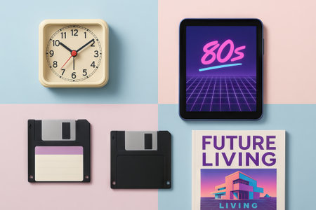 Retro futuristic still life with clock, floppy disks, tablet displaying 80s graphic, and book on future living. concept of nostalgia, technology evolution, vintage decor.の写真素材