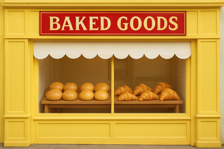 Bakery shop window display with fresh bread and croissants, yellow decor. concept of freshly baked...