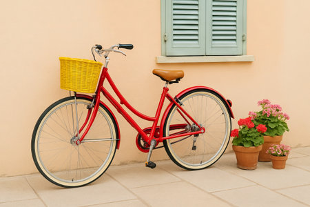 Red bicycle with yellow basket against pastel wall and flower pots in a calm courtyard. concept of urban tranquility, outdoor decor, casual biking lifestyle.の写真素材
