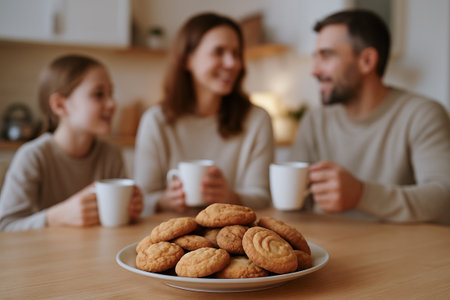 Family enjoying freshly baked cookies together in cozy kitchen setting with warm drinks. concept of family bonding, homemade treats, joyful moments.の写真素材