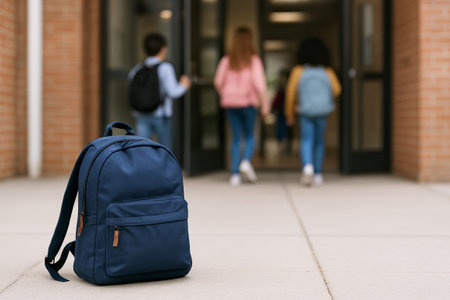 Backpack in front of school entrance with students walking inside during autumn term. concept of education, school life, beginning of school year.の写真素材