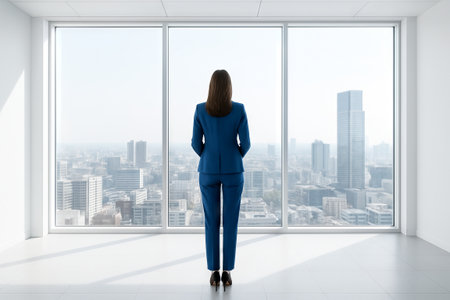 Business woman standing by large window overlooking city skyline. concept of professionalism, contemplation, workplace.の写真素材