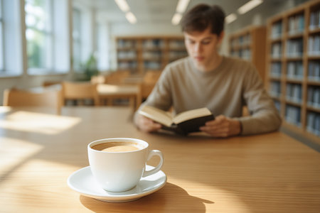Young man reading a book in a library with coffee cup on a table. concept of study, reading, relaxation.の写真素材