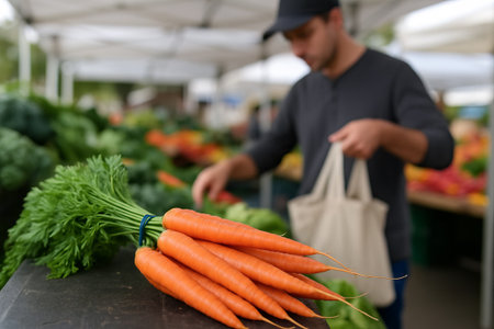 Fresh carrots at market with person shopping for vegetables. concept of healthy eating, organic produce, farmers market.の写真素材
