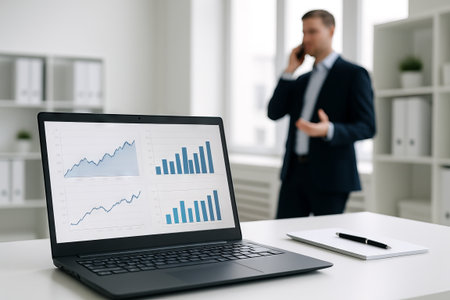 Businessman in office with laptop displaying graphs and charts for financial analysis and communication. concept of corporate environment, technology in business, data management.の写真素材