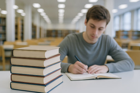 Young man reading in library with stack of books on table. concept of education, learning, quiet study environment.の写真素材