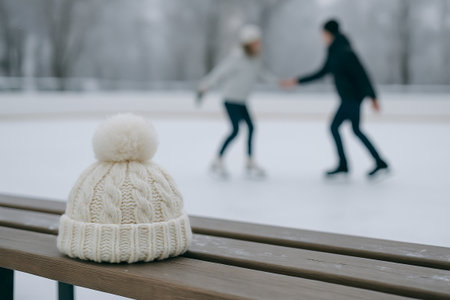 Winter ice skating rink with warm knit hat on bench capturing cozy seasonal atmosphere and outdoor fun. concept of winter sports, cold weather comfort, seasonal leisure.の写真素材