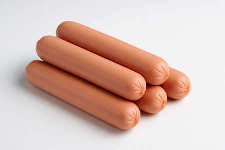 Sausages arranged in a simple composition on white background. concept of creative food arrangement, minimalistic style, unique culinary art.の写真素材