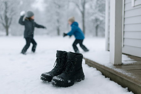 Children playing in snow with black boots on porch in winter wonderland. concept of childhood fun, outdoor winter activities, cozy footwear.の写真素材