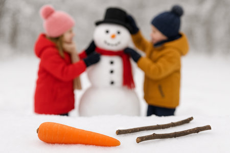 Children decorating a snowman with carrot nose and sticks on a snowy winter day. concept of holiday fun, creative outdoor activity, winter playtime.の写真素材