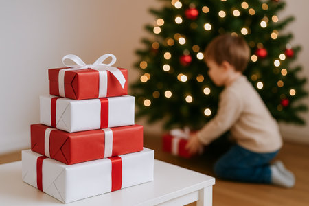 Stack of christmas gifts wrapped in red and white near decorated tree with child in background. concept of holiday celebration, festive decor, joyful surprises.の写真素材