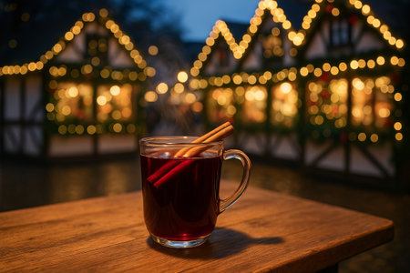 Warm gluhwein with cinnamon sticks on wooden table in festive setting with christmas lights and decorated houses in evening scene. concept of holiday tradition, winter warmth, festive atmosphere.の写真素材