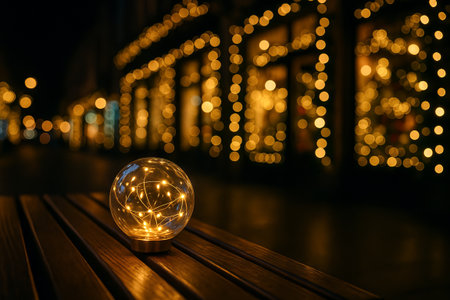 Glowing glass sphere on wooden table with illuminated background in night setting. concept of warm...