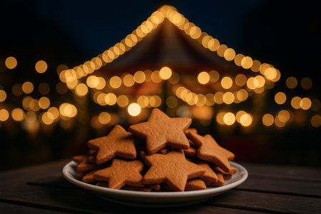 Plate of star-shaped gingerbread cookies at night with festive carousel lights blurred in background. concept of cozy holiday atmosphere, christmas treats, winter festivity.の写真素材