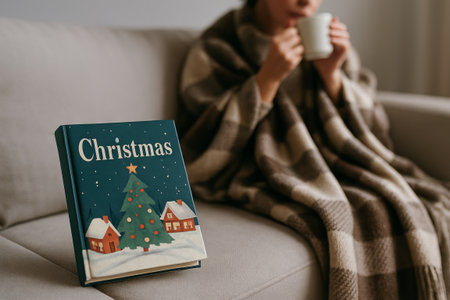 Cozy holiday atmosphere with christmas tree illustration and relaxing woman drinking coffee on sofa.