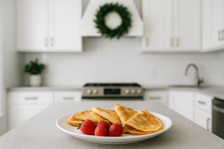 Delicious blinchiki with fresh strawberries on a plate in a festive christmas kitchen during holiday season celebration. concept of christmas decor, festive cuisine, seasonal joy.の写真素材