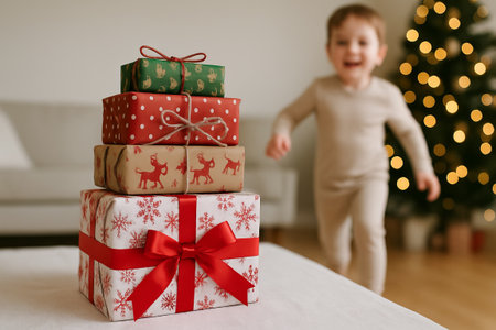 Christmas gifts and happy child in cozy home with holiday decor celebrating joyful winter festive season.の写真素材