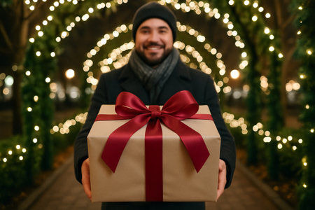 Man holding gift amidst festive lights during holiday season celebration, embracing spirit of giving, winter joy, and festivity in outdoor night scene.の写真素材
