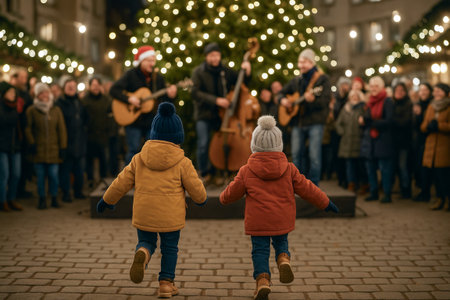 Children joyfully running toward street musicians performing in festive winter atmosphere with christmas lights.の写真素材