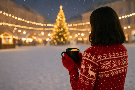 Cozy christmas winter night with woman holding hot drink in festive sweater by illuminated tree. concept of warmth, holiday magic, seasonal celebration.の写真素材