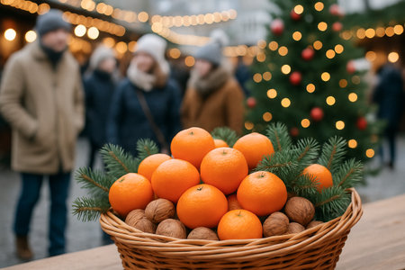 Festive christmas basket with oranges and walnuts in market setting with holiday tree and lights for seasonal cheer and warm celebration concept.の写真素材
