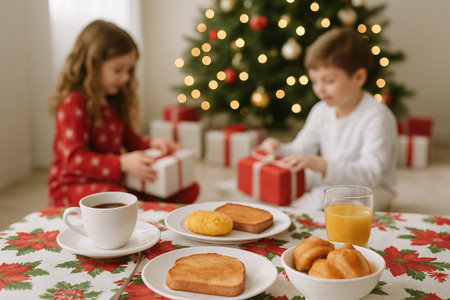 Festive christmas breakfast with children opening gifts near decorated tree in cozy home setting. concept of family celebration, holiday joy, childhood happiness.の写真素材