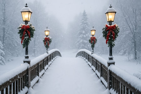 Snowy christmas bridge adorned with festive wreaths on a winter day. concept of seasonal beauty,...