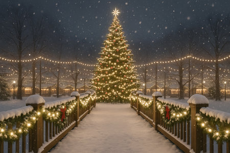 Christmas bridge in snow with holiday lights and decorated tree for festive winter wonderland atmosphere in tranquil evening, concept of celebration, seasonal joy, scenic beauty.の写真素材