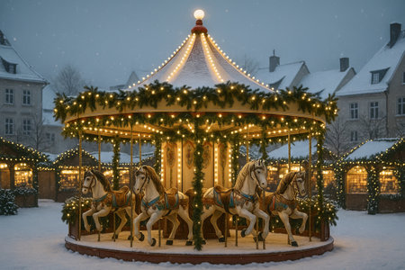 Festive carousel with horses adorned in holiday lights and garland during snowy winter evening in christmas market plaza. concept of holiday magic, winter wonderland, festive decor.の写真素材