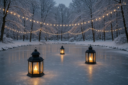 Winter park illuminated by decorative lanterns and string lights reflecting on a frozen pond during twilight. concept of serene winter landscape, outdoor lighting decor, peaceful nature.の写真素材