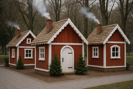 Charming red santa village houses with smoke in forest park setting during winter season. concept of...