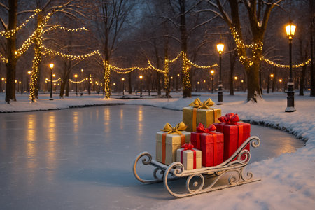 Winter wonderland in park with sled of gift boxes on snowy pathway under twinkling lights in evening scene illustration. concept of magical holiday, festive celebration, seasonal beauty.の写真素材