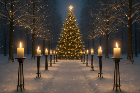 Winter alley with illuminated christmas tree and candlelit pathway in snowy park at night. concept of festive winter landscape, holiday atmosphere, serene night scene.の写真素材