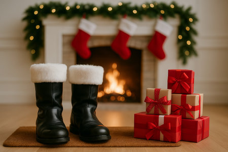 Santa boots and gifts by fireplace with festive stockings and garland in cozy holiday scene. concept of christmas decor, warmth, holiday spirit.の写真素材