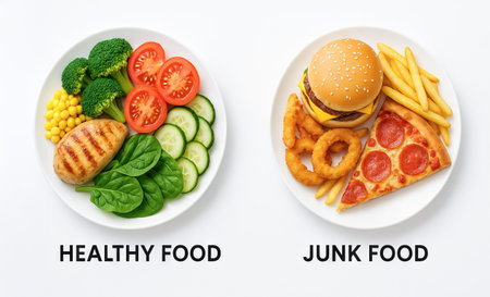 Contrast of healthy food and junk food on plates featuring vegetables, grilled chicken, burger, and fries. concept of balanced diet, nutrition choices, healthy eating.の写真素材