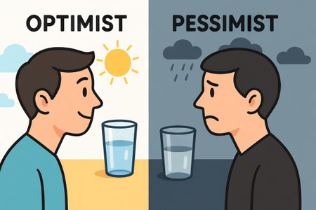 Illustration of optimistic and pessimistic men with half-full glasses in sunny and rainy backgrounds. concept of positive thinking, mindset contrast, emotional perception.の写真素材