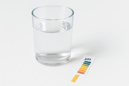 Clear glass of water next to a ph test strip showing ph levels on a clean white backdrop. concept of hydration, water purity testing, scientific experiment.の写真素材